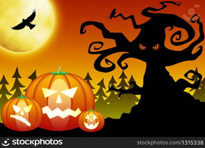 Illustration of halloween pumpkins in scary forest