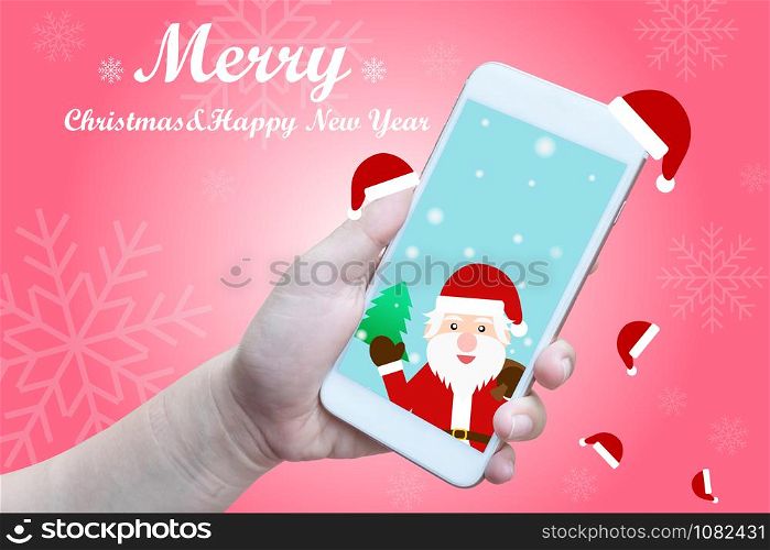 illustration of hand hold smart phone with christmas and happy new year background