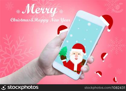illustration of hand hold smart phone with christmas and happy new year background