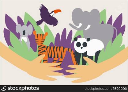 Illustration of hands hugging and protecting wild animals from extinction - Global animal and environmental conservation - Veganism