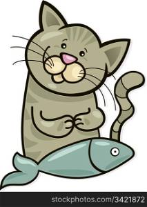 Illustration of happy cat with fish