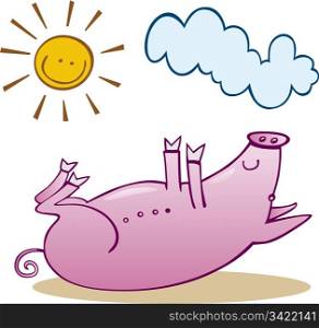 Illustration of happy little pig taking sunbath