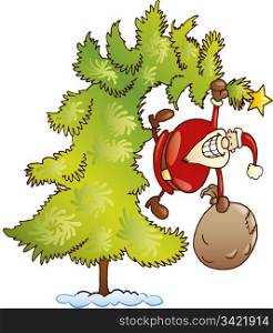 Illustration of happy santa claus with sack on christmas tree