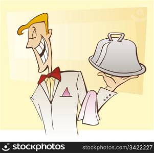 Illustration of happy waiter serving specialty dish in restaurant