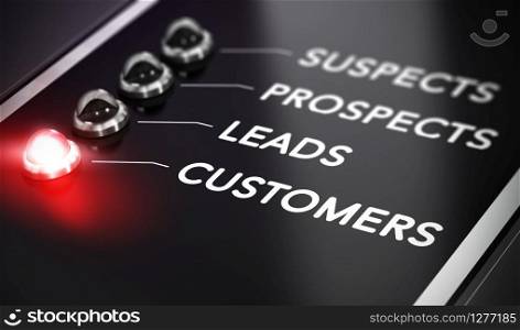 Illustration of internet marketing over black background with red light and blur effect. Lead conversion concept. . Lead Conversion