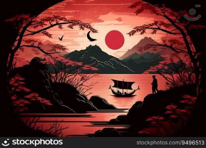 Illustration of Japanese samurai watch sunset with mountain and a lake background, red, white and black artistic art. good for T-shirt, poster, canvas, mug, cover and other.