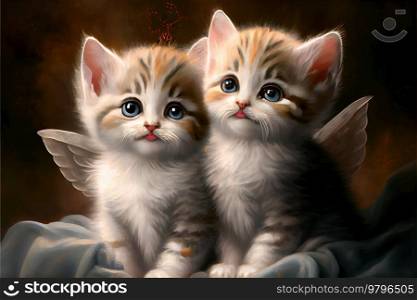 Illustration of kittens as two Renaissance angels. Illustration of lady cat