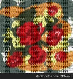 Illustration of knitted pattern with roses on dark background