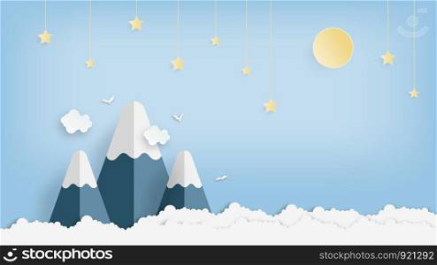 illustration of landscape and concept, Star, moon and Mountain paper art with beautiful background vector illustration. Vector illustration. design by paper art and digital craft style