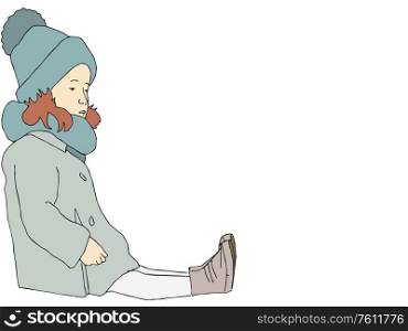 Illustration of little girl with winter clothes sitting over white background