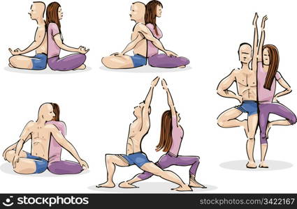 Illustration of man and woman Practicing Yoga in Couple