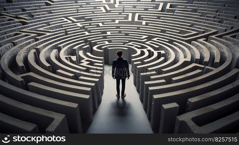 illustration of man in business suit lost in labyrinth and looking for an exit. Generative ai illustration. . illustration of man in business suit lost in labyrinth and looking for an exit. Generative ai. 