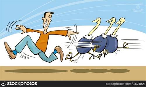 Illustration of man trying to learn ostriches to fly