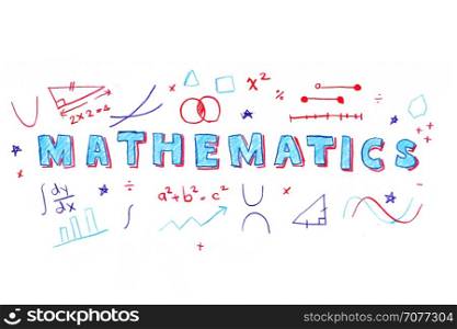 Illustration of MATHEMATICS word in STEM - science, technology, engineering, mathematics education concept typography design in kid hand drawn style