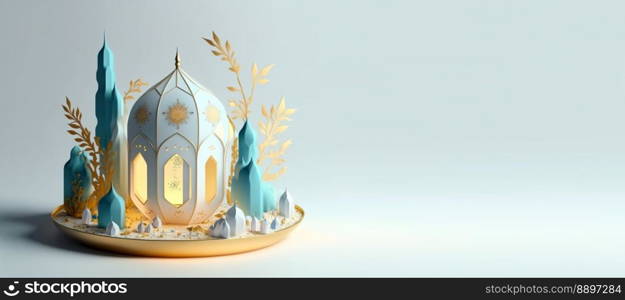 Illustration of Mosque for Eid Ramadan Islmic Celebration Banner with Copy Space
