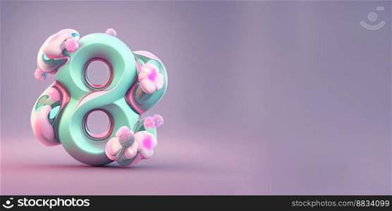 Illustration of number 8 and floral decoration for background and banner for 8th march women’s day with copy space