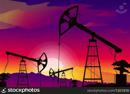 Illustration of oil derrick rig. Black silhouette on blue gradient moon night background. . Industry of exploration and petrochemical. Petroleum picture. Landscape.. Illustration of oil derrick rig. Black silhouette on purple gradient sunset background. . Industry of exploration and petrochemical. Petroleum picture. Landscape.