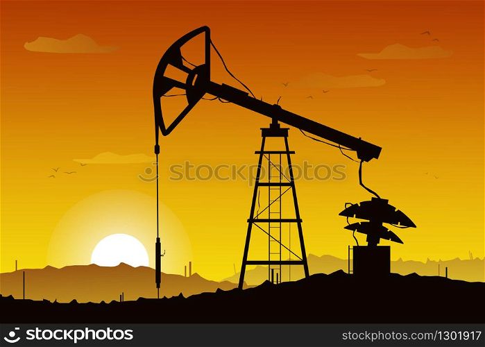 Illustration of oil derrick rig. Black silhouette on gradient sunset background. . Industry of exploration and petrochemical. Petroleum picture. Landscape. Illustration of oil derrick rig. Black silhouette on gradient sunset background. . Industry of exploration and petrochemical. Petroleum picture. Landscape.