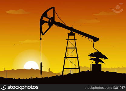 Illustration of oil derrick rig. Black silhouette on gradient sunset background. . Industry of exploration and petrochemical. Petroleum picture. Landscape. Illustration of oil derrick rig. Black silhouette on gradient sunset background. . Industry of exploration and petrochemical. Petroleum picture. Landscape.