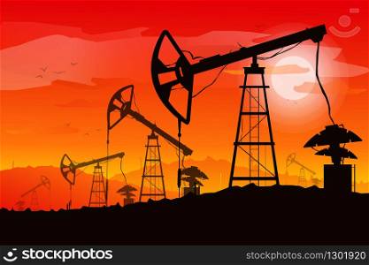 Illustration of oil derrick rig. Black silhouette on red gradient sunset background. . Industry of exploration and petrochemical. Petroleum picture. Landscape. Illustration of oil derrick rig. Black silhouette on red gradient sunset background. . Industry of exploration and petrochemical. Petroleum picture. Landscape.