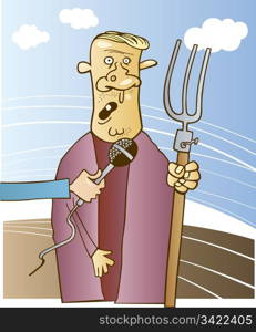 Illustration of old farmer talking to microphone