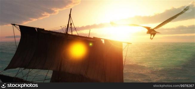 illustration of Old sailboat and sunset in 3d