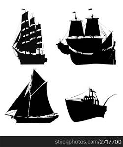 Illustration of old sailing ships black silhouettes on white.