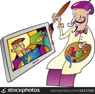 Illustration of painter painting on tv set screen