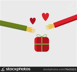 Illustration of people hands sharing a christmas gift with love isolared on background