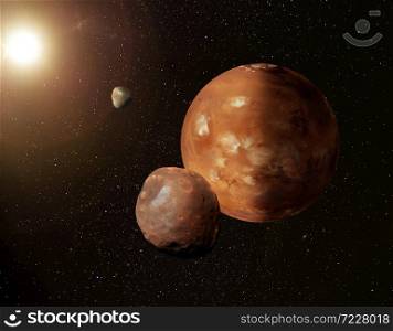 Illustration of Planet Mars in starry space with its moons Phobos and Deimos. Some elements provided by Nasa.
