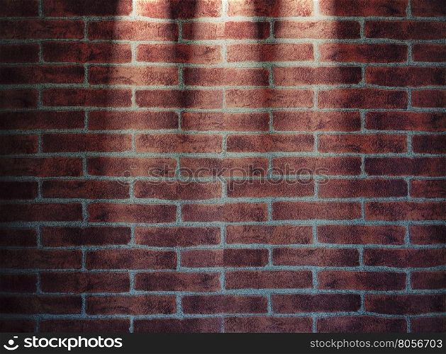 Illustration of red brick wall illuminated with three lights. 3D rendering.
