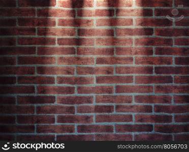Illustration of red brick wall illuminated with three lights. 3D rendering.