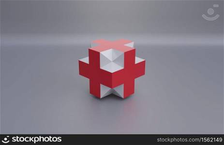 Illustration of red cross symbol, international health or medical sign, 3d rendering