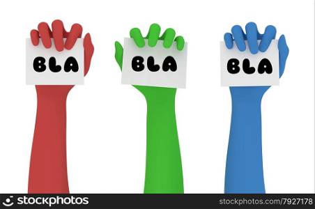 "Illustration of red green and blue hands, each holding a note marked with the word "Bla""