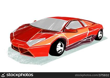 Illustration of red sports car that drawn with a dry-brush on a white background