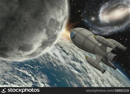 Illustration of rocket flying to the moon- 3D Render - Maps courtesy of Nasa at http://earthobservatory.nasa.gov/IOTD/view.php?id=885