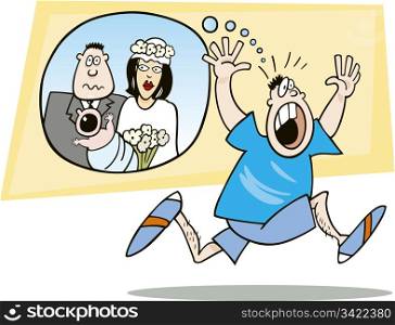 Illustration of running guy frightened of marriage and parenting