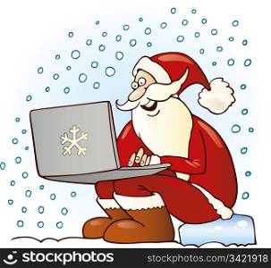 Illustration of santa claus with laptop buying gifts by internet