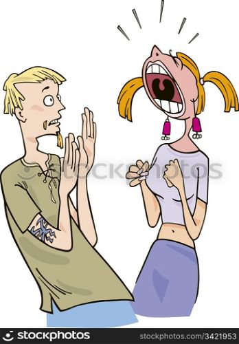 Illustration of scared guy and angry screaming girl
