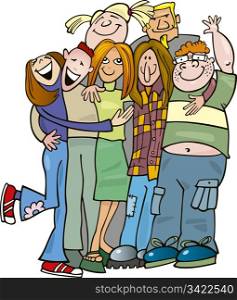 Illustration of school teens group giving a hug