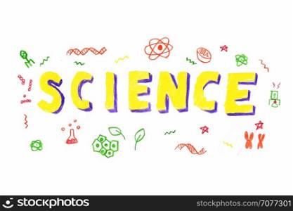 Illustration of SCIENCE word in STEM - science, technology, engineering, mathematics education concept typography design in kid hand drawn style