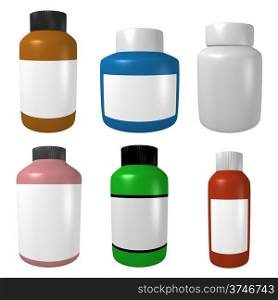 Illustration of six containers for medicine or other purposes