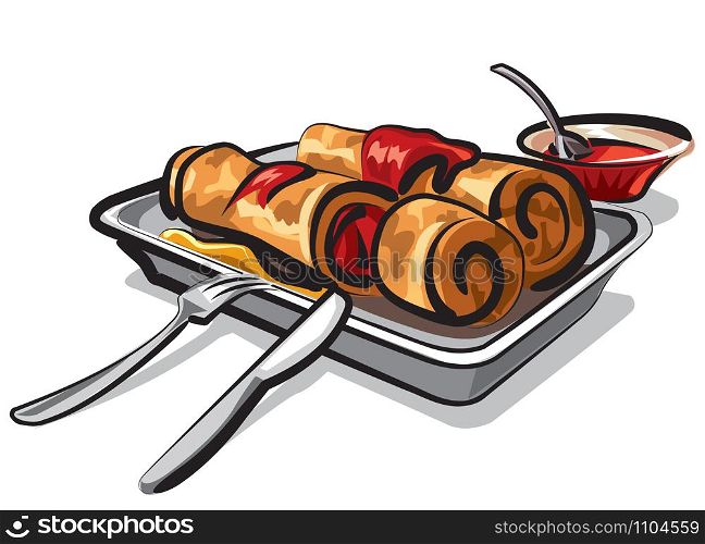 illustration of sliced crepes with strawberry jam on plate. crepes with strawberry
