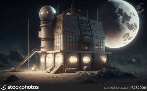 Illustration of space base on moon for astronauts on background of planet. Modern technologies for the study of the universe. AI generated.. Illustration of space base on moon for astronauts on background of planet. AI generated.