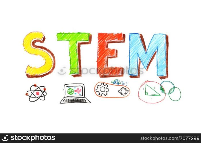 Illustration of STEM - science, technology, engineering, mathematics education word typography design in kid hand drawn style. concept for ui, ux, web, app banner design