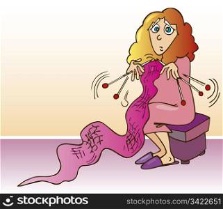 Illustration of stressed housewife knitting