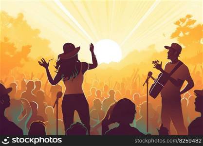 Illustration of Summer music festival concert scene, capturing a couple dancing, singing, and enjoying live performances together, surrounded by the energetic and vibrant atmosphere. Generative AI