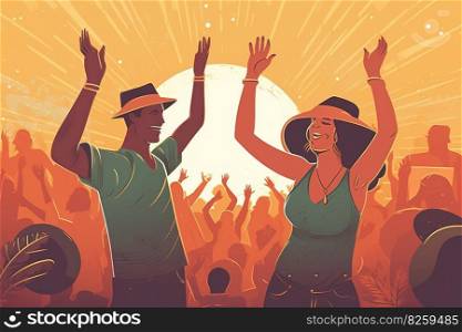 Illustration of Summer music festival concert scene, capturing a couple dancing, singing, and enjoying live performances together, surrounded by the energetic and vibrant atmosphere. Generative AI