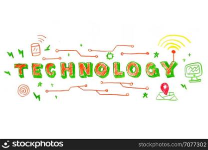 Illustration of TECHNOLOGY word in STEM - science, technology, engineering, mathematics education concept typography design in kid hand drawn style