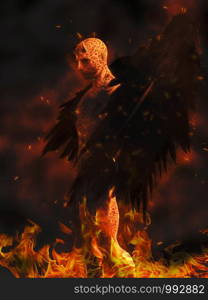 Illustration of the devil character in flames at dark background - 3d rendering. Illustration of the devil character in flames at dark background